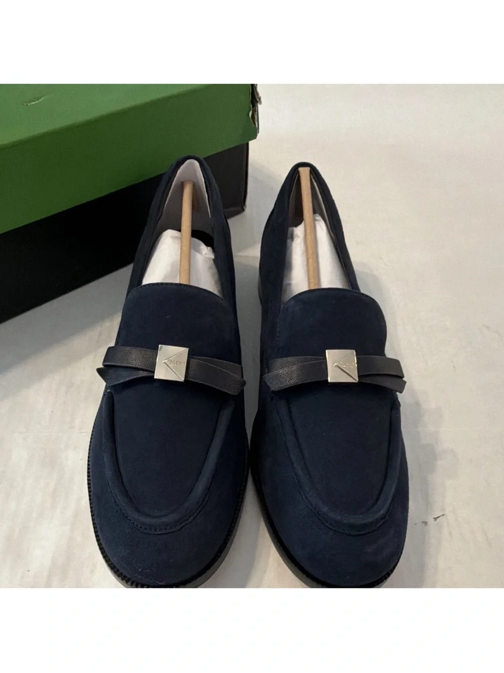 Kate Spade Deco Bow Navy Suede Loafers with Leather Strap and Metal Accent